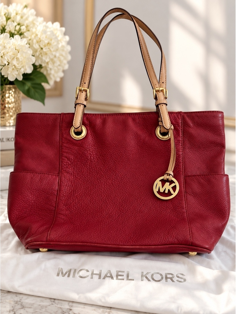 Michael Kors Burgundy Red Pebbled Leather Tote Shoulder Bag Gold MK Charm